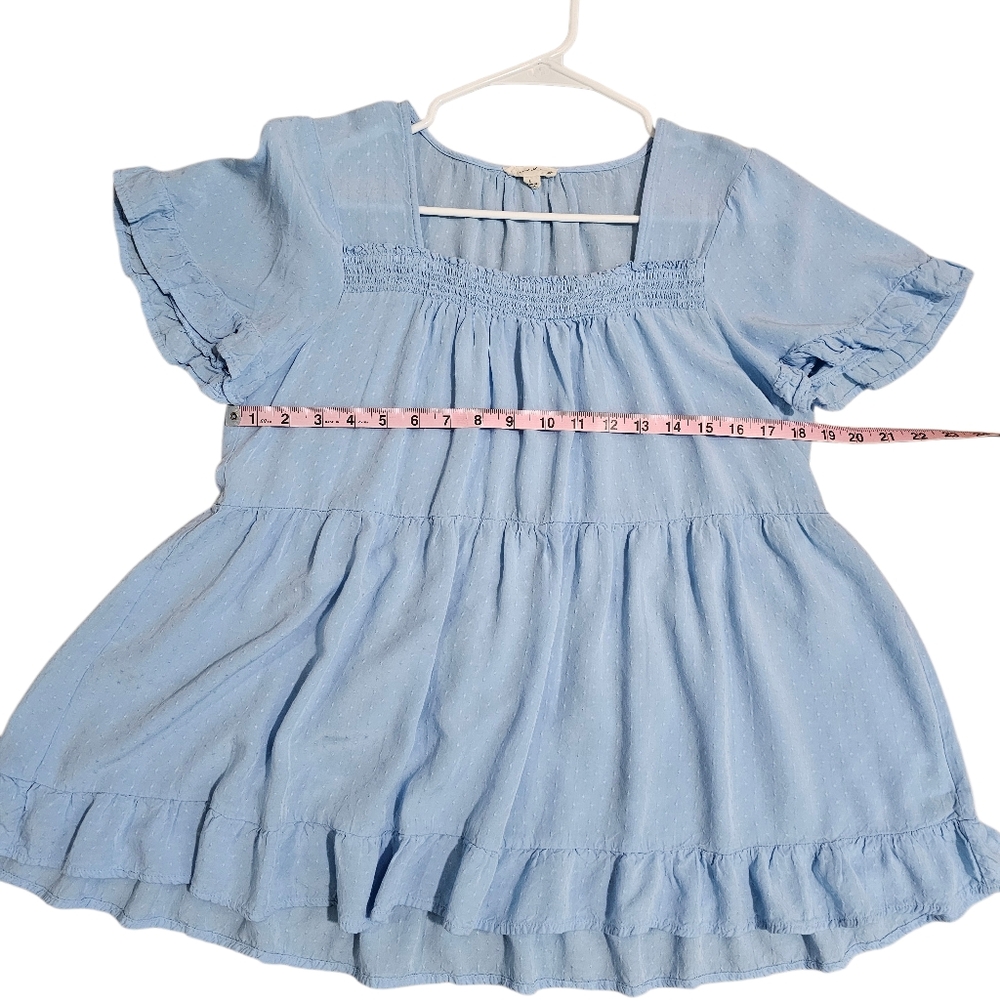 Jane and Delancey Blue Swiss Dot Babydoll Blouse Smocked Square Neck Rayon Large - Picture 6 of 7